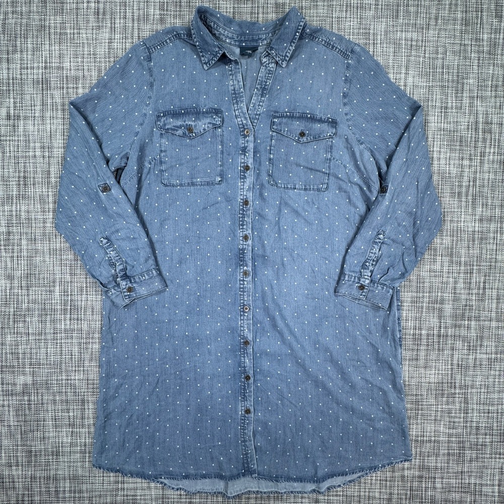 J.Jill Denim Womens Large Shirt Dress Blue Polka Dot Tencel Roll Tab Sleeve